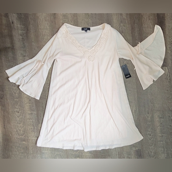 NAÏF Anthropologie Boho Flowy Shift Dress Womens M Cream Floral Crochet V Neck - Picture 6 of 13